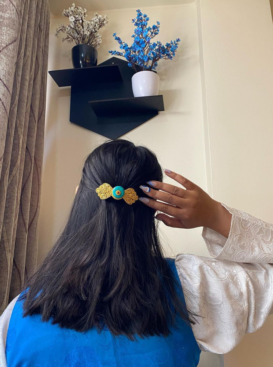 Tibetan hairclip styled on model showing elegant hair accessory in turquoise - perfect for special occasions