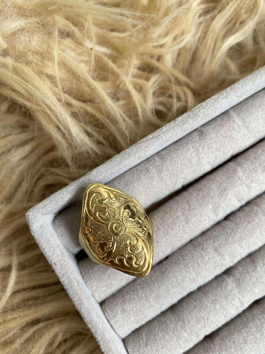 Pyakha Angu Ring on a textured surface with fur background