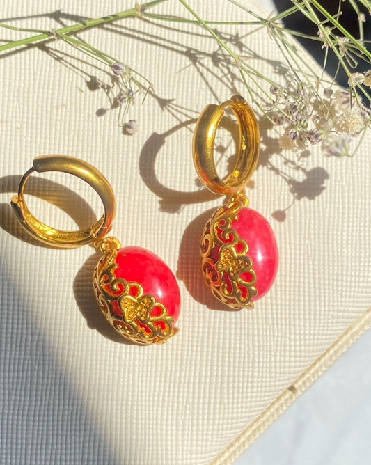 Traditional red stone Cherry Hoops earrings with gold filigree - statement jewelry for special occasions
