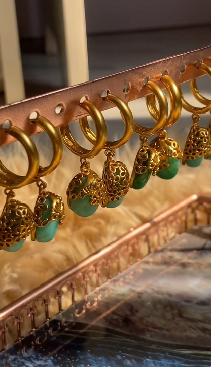 Blue stone Cherry Hoops earrings featuring gold-toned filigree - elegant traditional earrings for dinner dates
