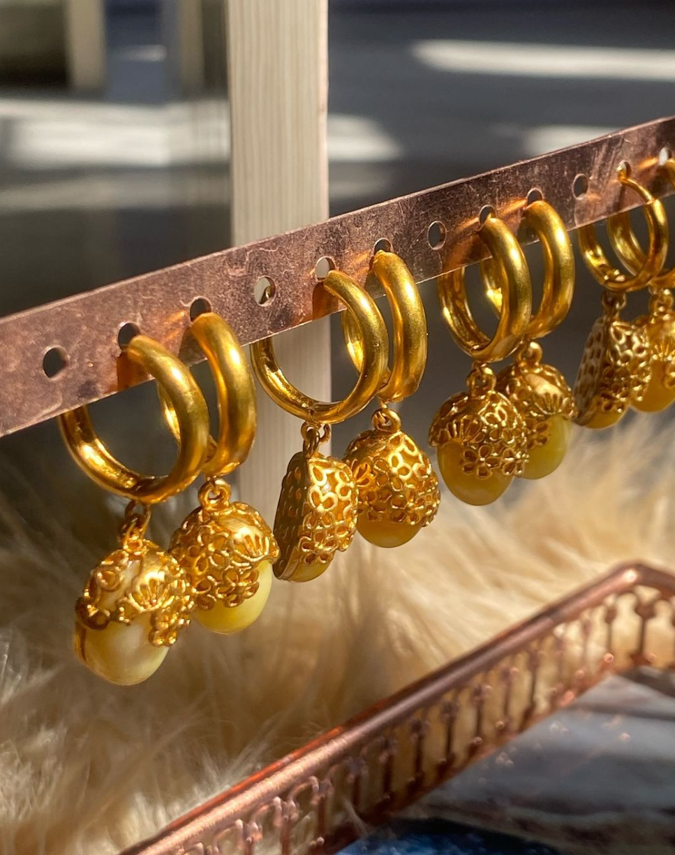 Gold tone Cherry Hoops earrings with intricate gold detailing - traditional meets modern jewelry design
