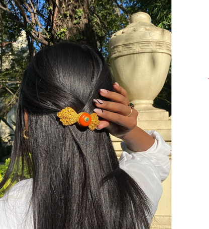 Orange Tibetan hairclip with intricate traditional design - elegant hair accessory for special events
