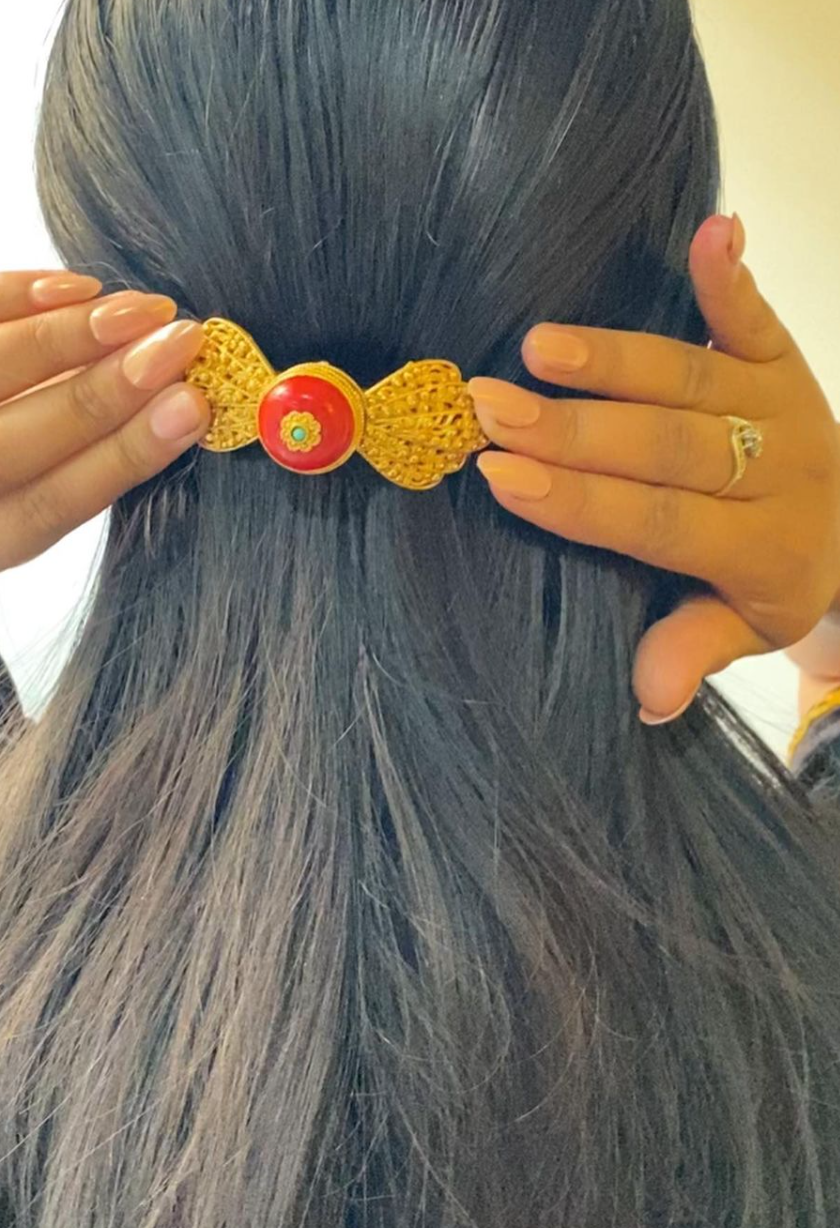 Red Tibetan hairclip featuring traditional patterns - durable hair accessory for beautiful hairstyles
