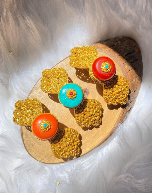 Tibetan hairclips collection in red, orange, and turquoise - traditional hair accessories for special occasions
