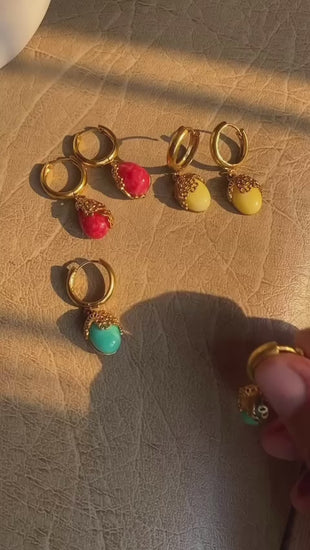 Cherry Hoops earrings showcase video - red, blue, and yellow traditional statement earrings
